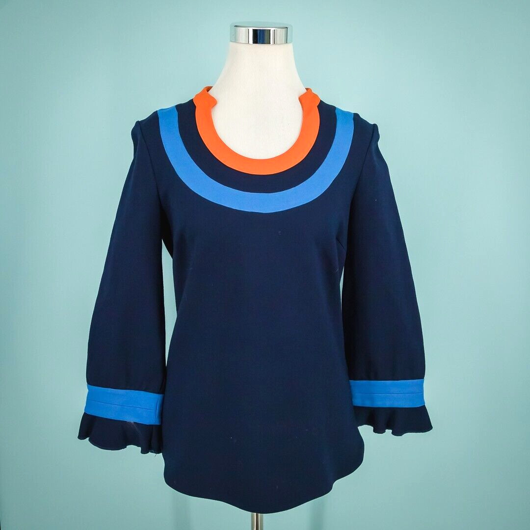 CK Bradley Size Medium M Blue Orange Scoop Ruffle Long Sleeve Ponte Knit Top