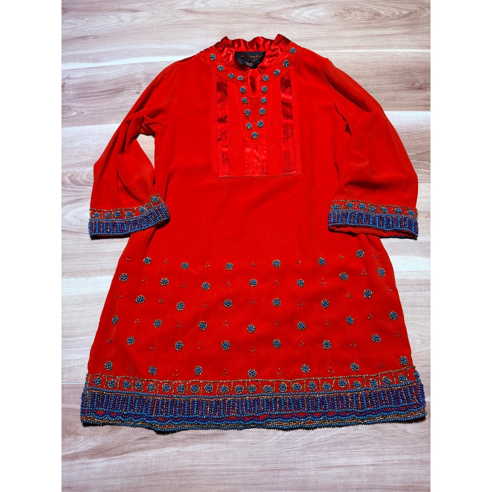 Soft Surroundings Label Noir Tunic Womens Red Blue Beaded Boho Blouse