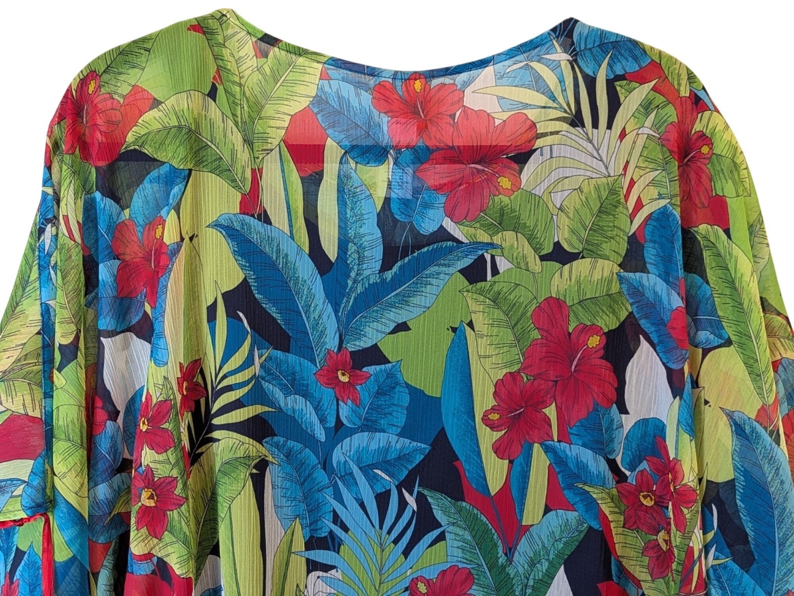 Ruby Rd Tropical Floral Cape Sleeve Top M Lined Beaded Neck Vacation Cruise NWT