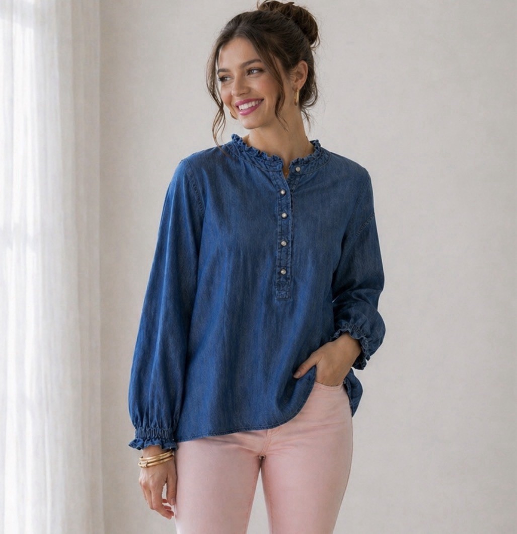 Talbots Top Size 3X Blue Denim Blouse 100% Cotton Easy Care Rhinestones Feminine