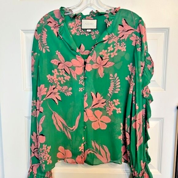 Alexis Green Pink Floral Ruffle Blouse Long Sleeve Sheer Button Down Top Size S