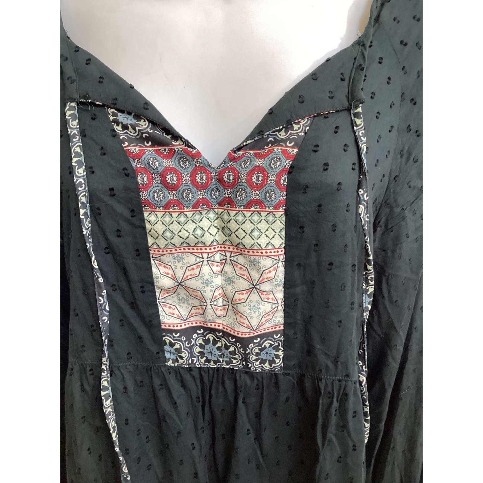 Blue Rain Black Swiss Dot Peasant Blouse Mixed Print Tassel Top Small