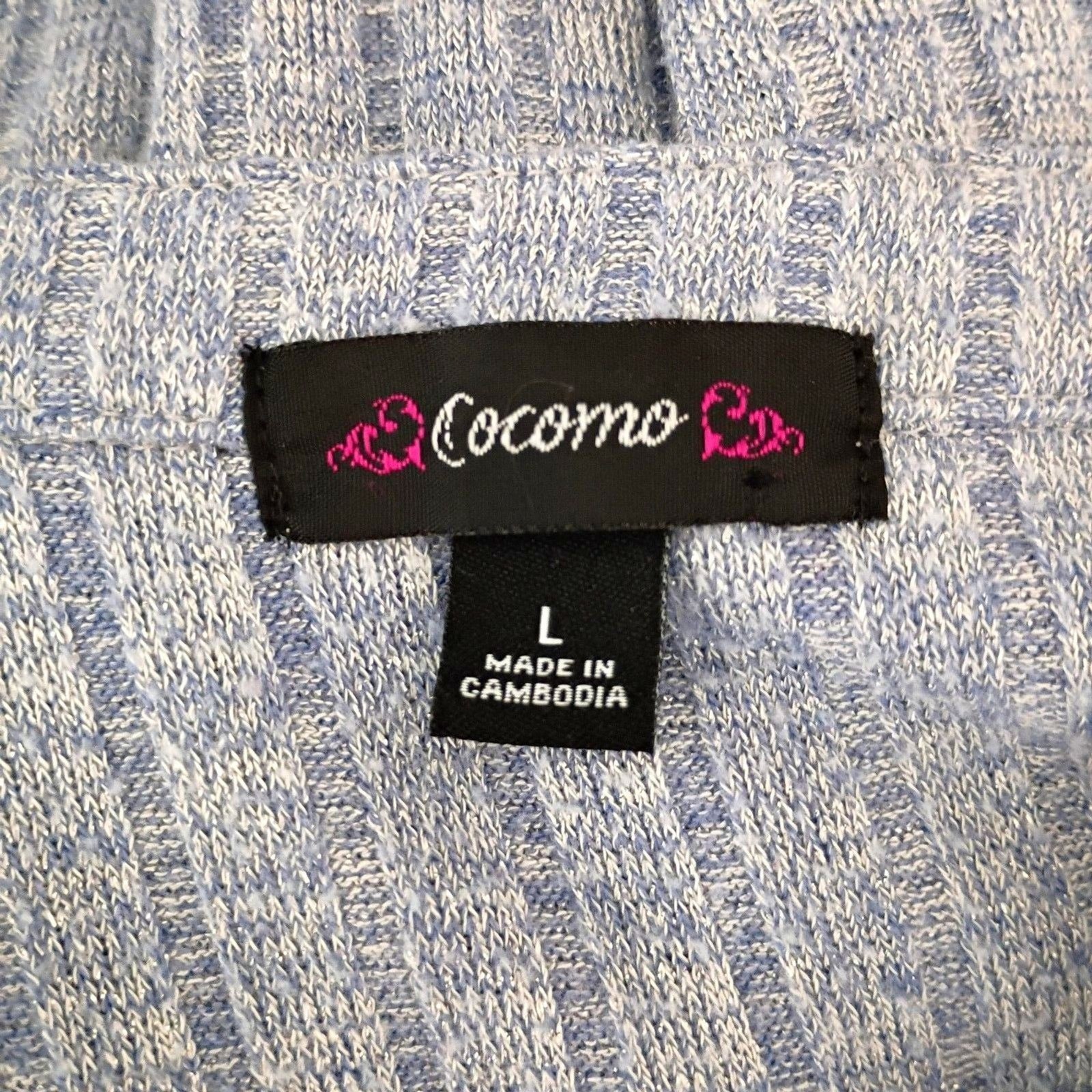 Cocomo Blue and Silver V Neck Swing Sweater Ribbed Button Up Roll Tab Sleeve L