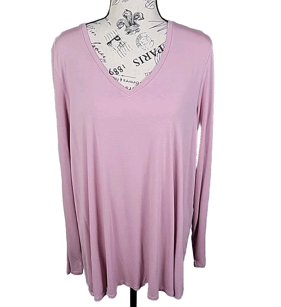 Utopia By Hue XL Woman’s Long Sleeve V-neck Top Pink Mauve Soft Knit-Jersey