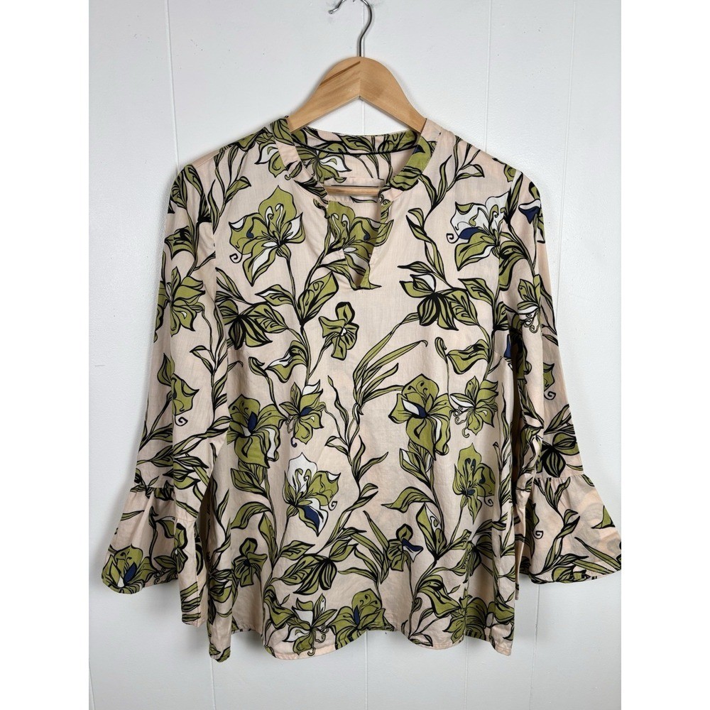 Backstage Women Sz 40/LG Blush Pink Floral Long Flared Sleeve V Neck Top Cotton