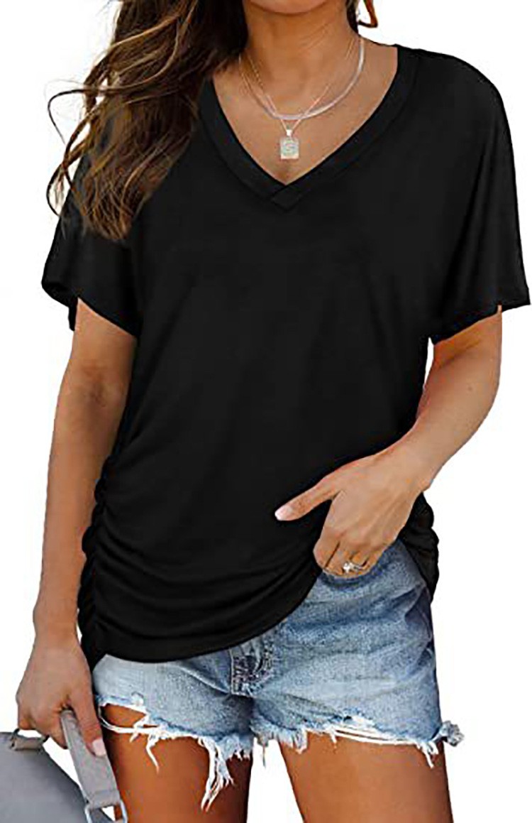 Women’s Solid V-Neck Short Sleeve T-Shirt Loose Cotton Blend Summer Tee Blouse