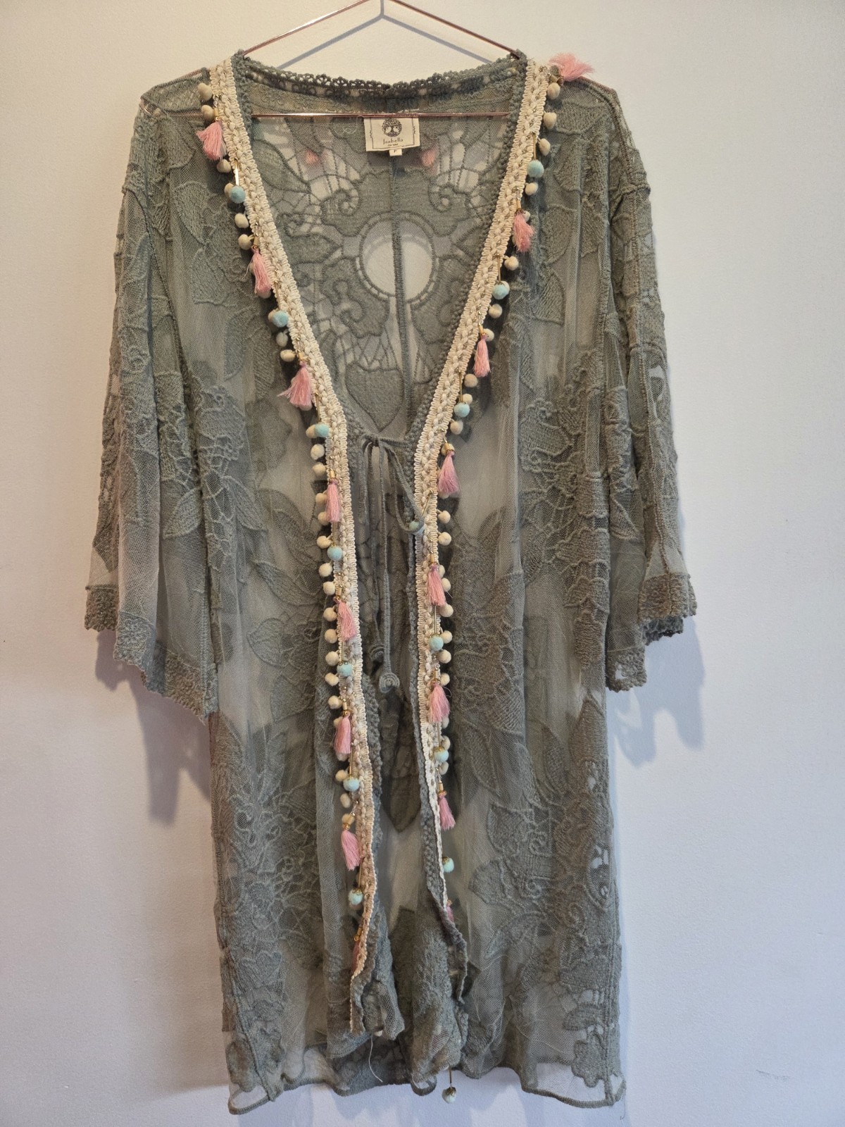 ISABELLA THE LABLE O/S Green Sheer Floral Lace Kimono With Tassle Pompop Fringe