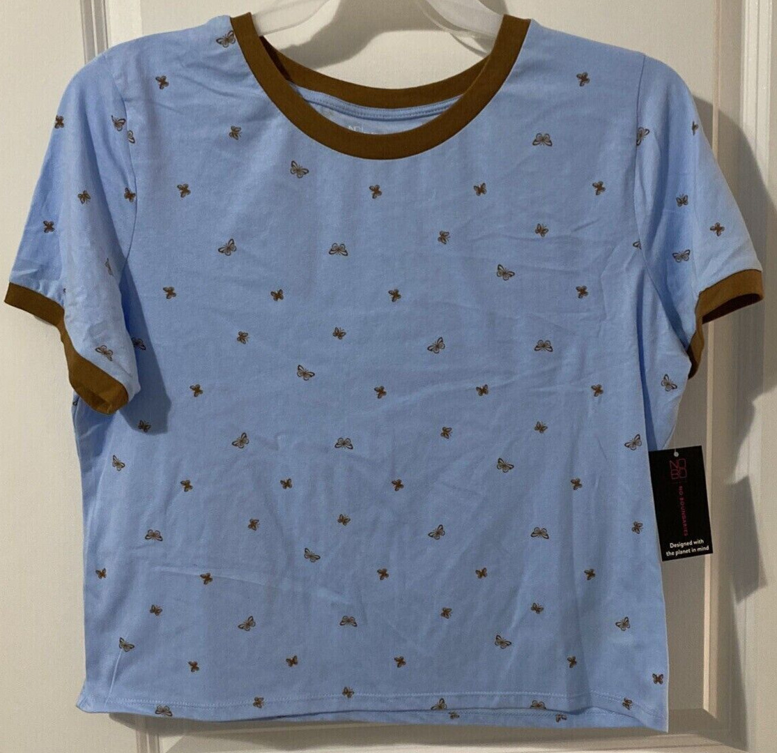 Butterflies Shirt Blue Brown Junior Conversational Tee Multi Crop Sz XL 15-17