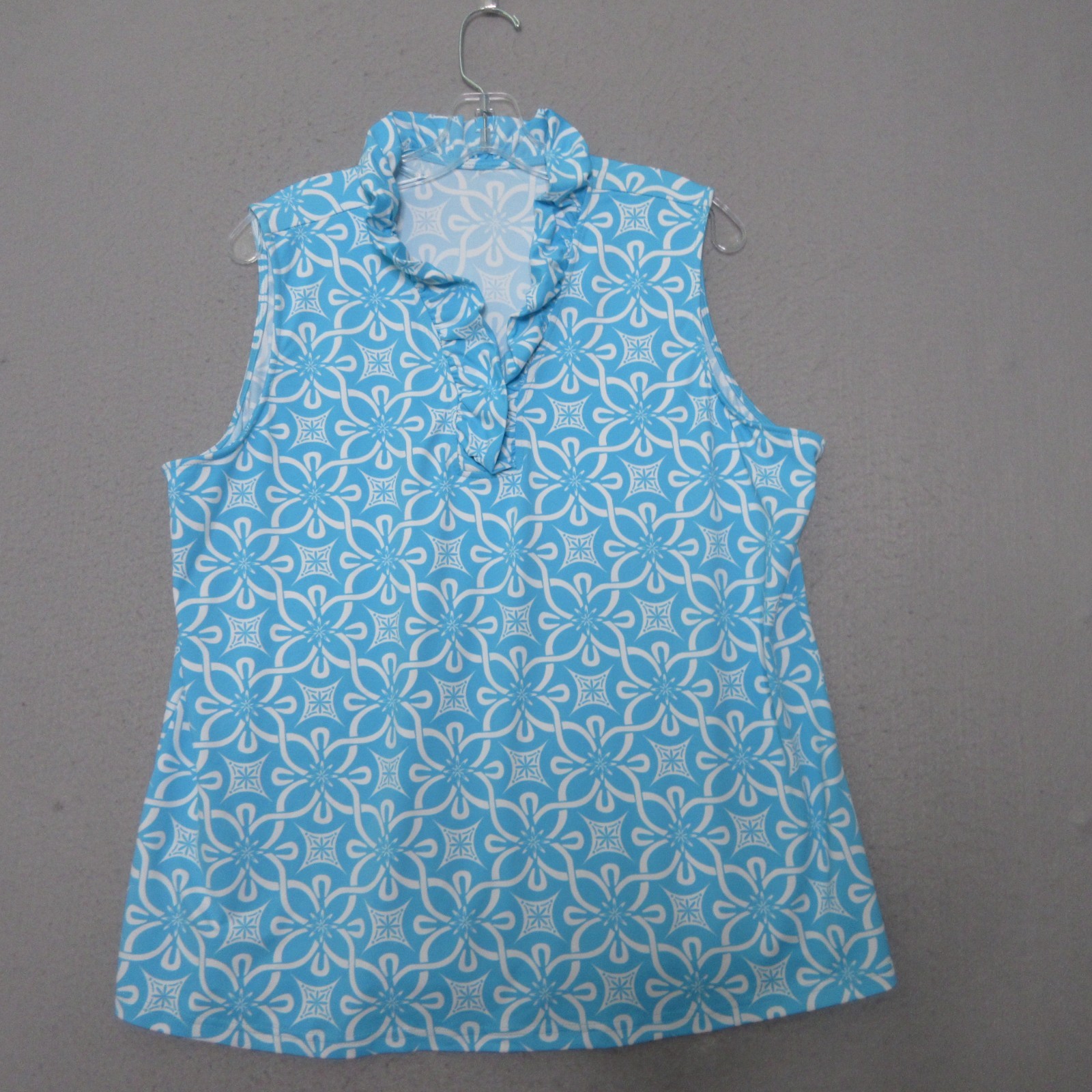 Lulu B Top Blue Floral Sleeveless Beach Pool Vacation UPF Ruffle Art to Wear