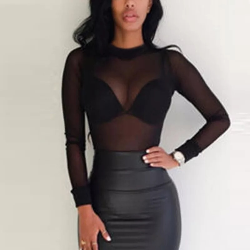 Sheer Black or Red Mesh Top Long Sleeve Shirt Sexy Mock Neck burgundy dark goth