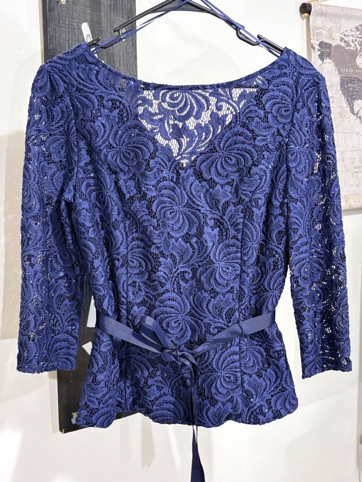 Alex Evening Navy Lace Peplum Top with Self Tie Waist Medium Size