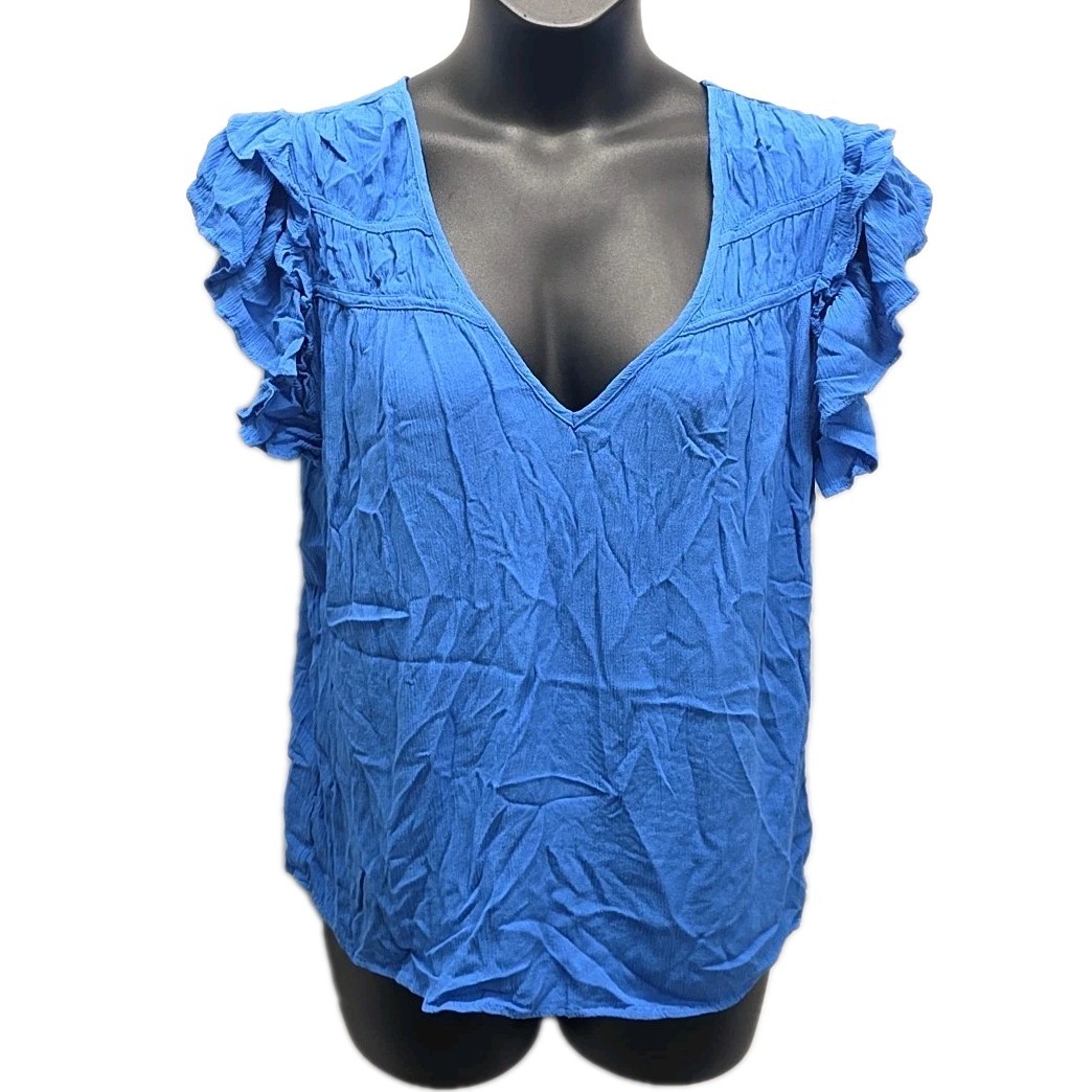 Torrid Blue Ruffle Cap Sleeve V Neck Blouse Crinkle Gauze sz 0 Coastal Resort