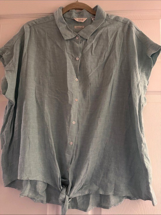 Weatherproof Vintage XXL Washable Linen Button-Down Shirt With Tie Front In Ligh