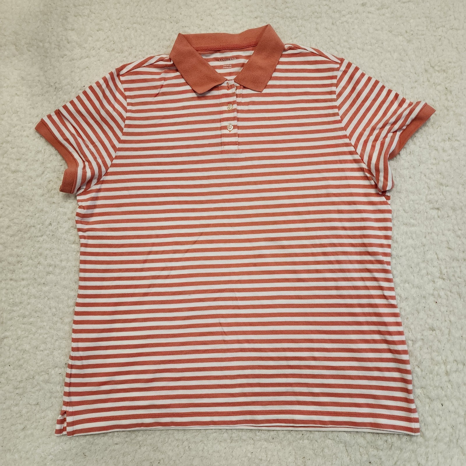 Vtg Retro Lands End Polo XL Orange White Striped Collar 100% Cotton Preppy
