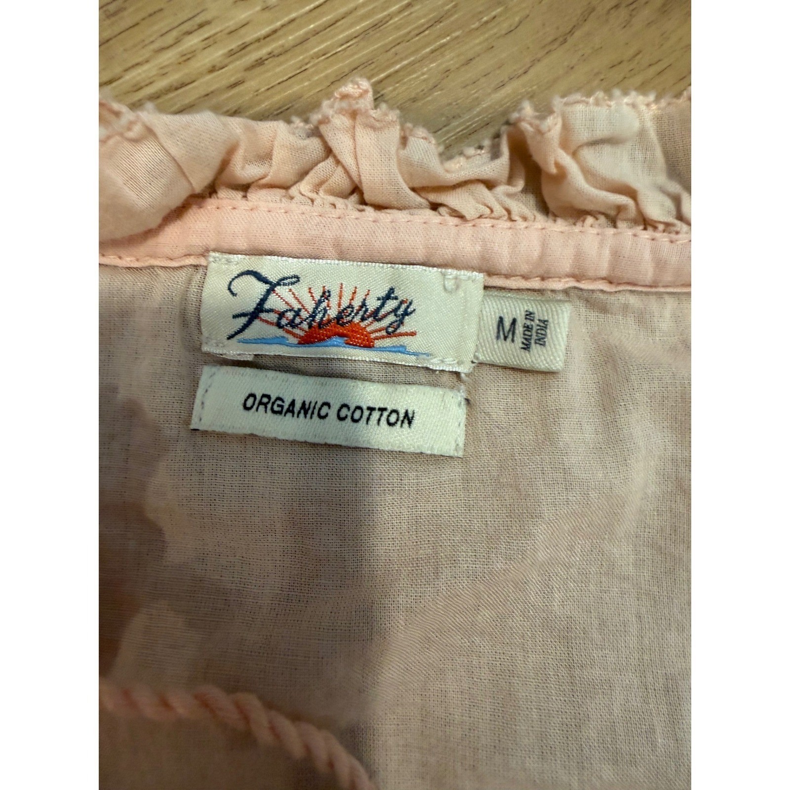 Faherty Organic Cotton Pintuck Blouse Peach Pink Tassel V-Neck Top WTS2103 M