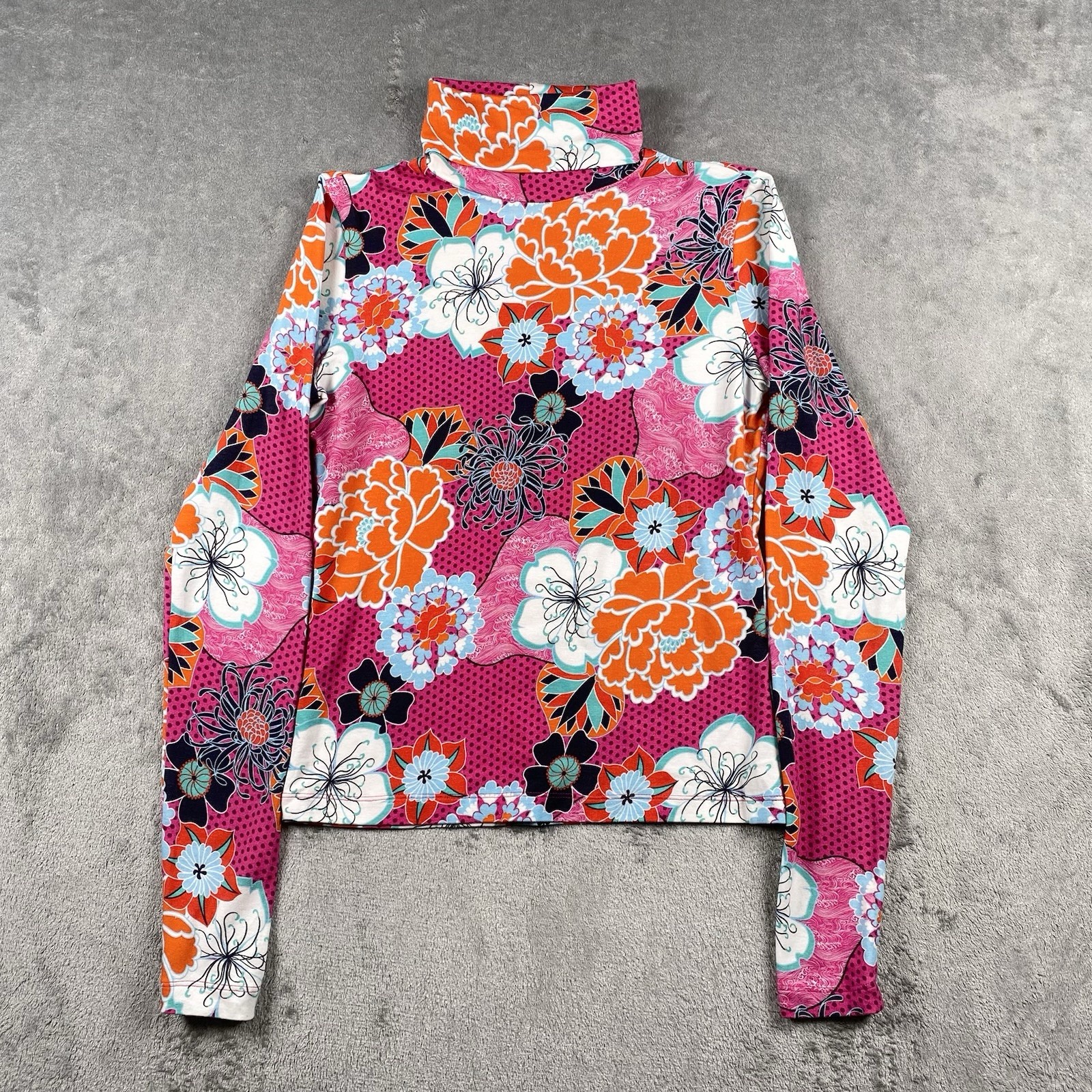 THE KIT Shirt Womens Sz S Pink Pop Floral Turtleneck Long Sleeve Bamboo Vibrant