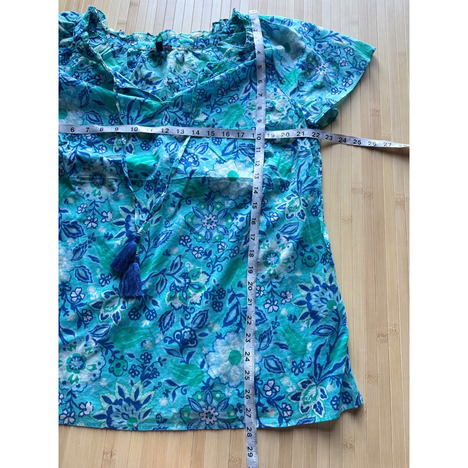Talbots Ruffle Trim Shell Tropical Floral Blue Turquoise Tassel Tie Top Plus 1X