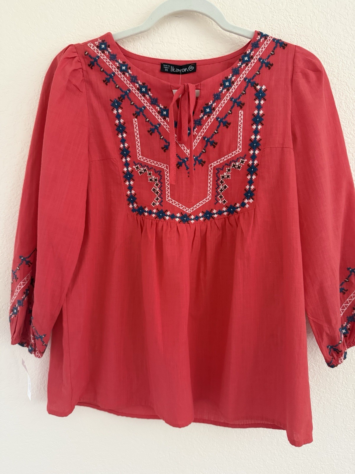 Kayon Women’s Red Embroidered V-Neck Tie Woven Cotton 3/4 Sleeve Blouse 36