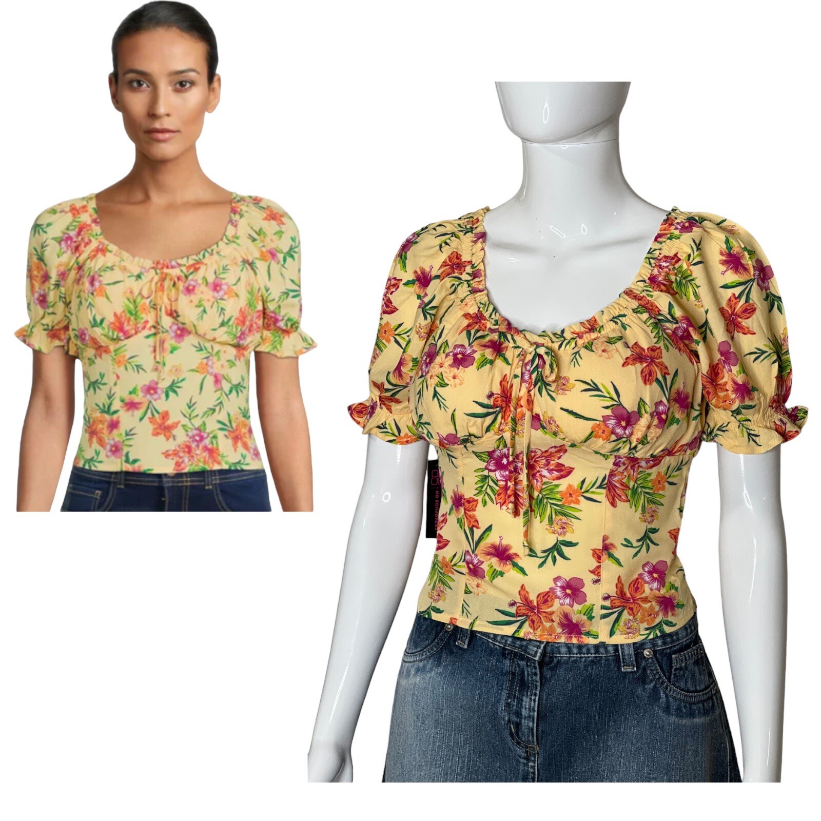 No Boundaries Top Womans Extra Large Floral Yellow Blouse Peasant Festival Y2K