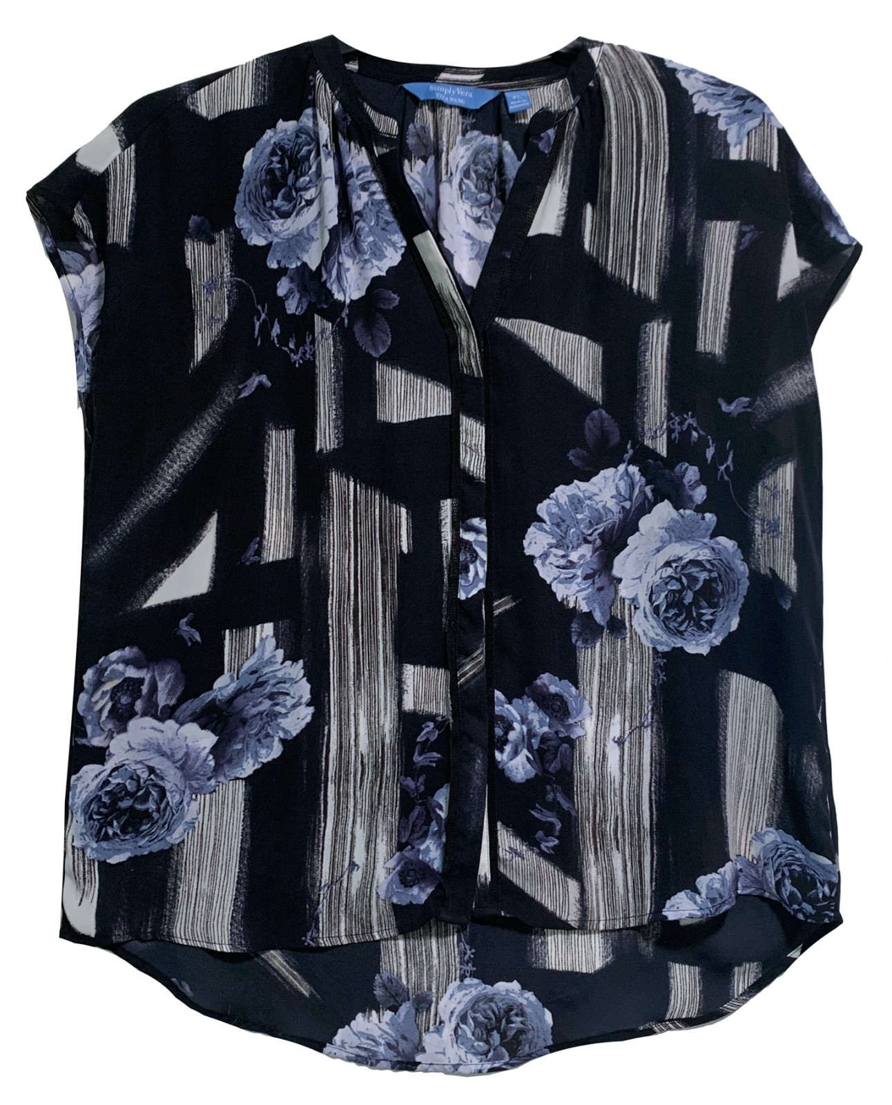 Vera Wang Black with Blue and Gray Print Button-Up Cap Sleeve Top size PL