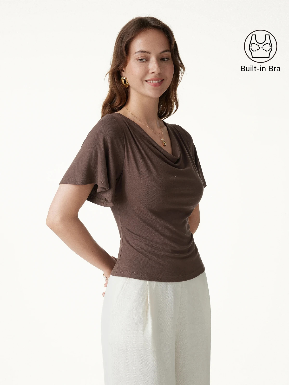 OGLmove Cowl Neck Flutter Sleeve Bra Top Built In Padding Cami New | Brown