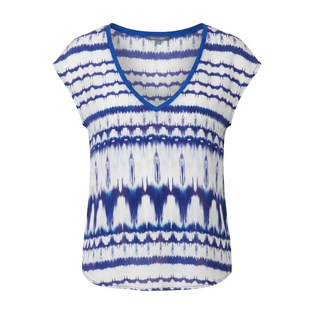 Michael Stars Medium Silk V-Neck Top Blue White Ikat Abstract Print Cap Sleeve