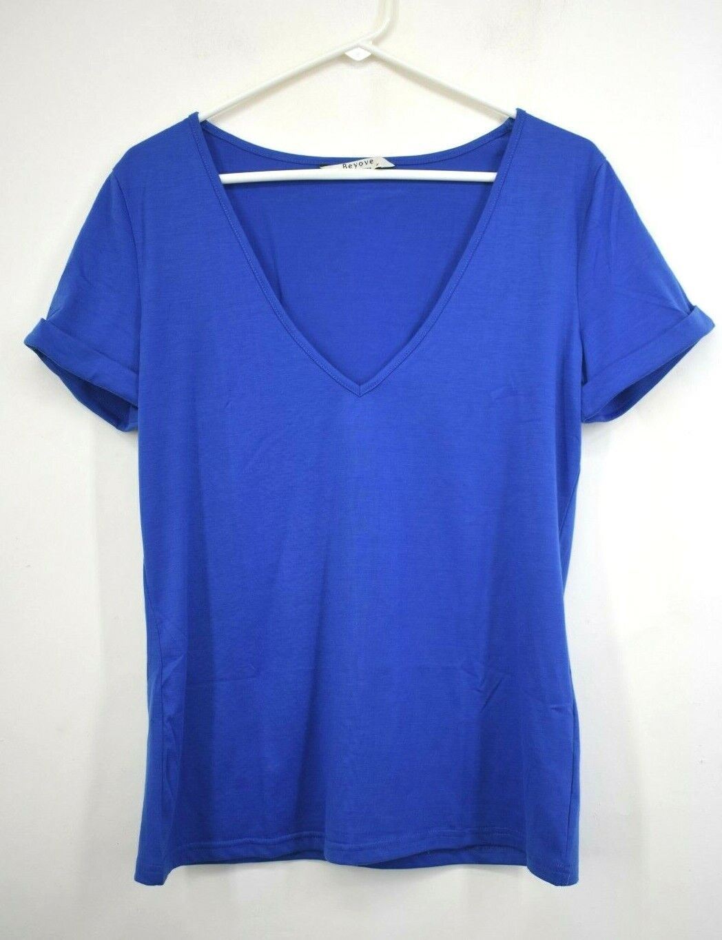 Beyove Womens Royal Blue Shirt Slip On V Neck Short Cuffed Sleeves Stretch M