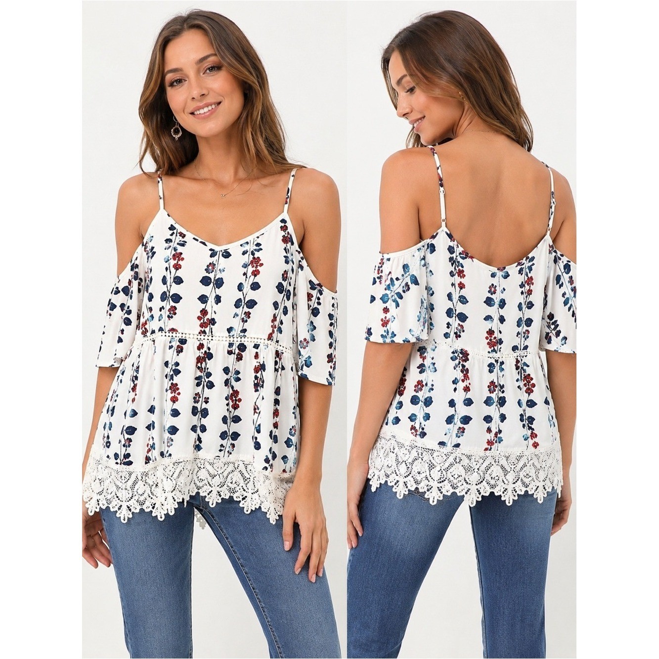 Skies Are Blue Floral Cold Shoulder Top Crochet Lace Hem Rayon Boho Large