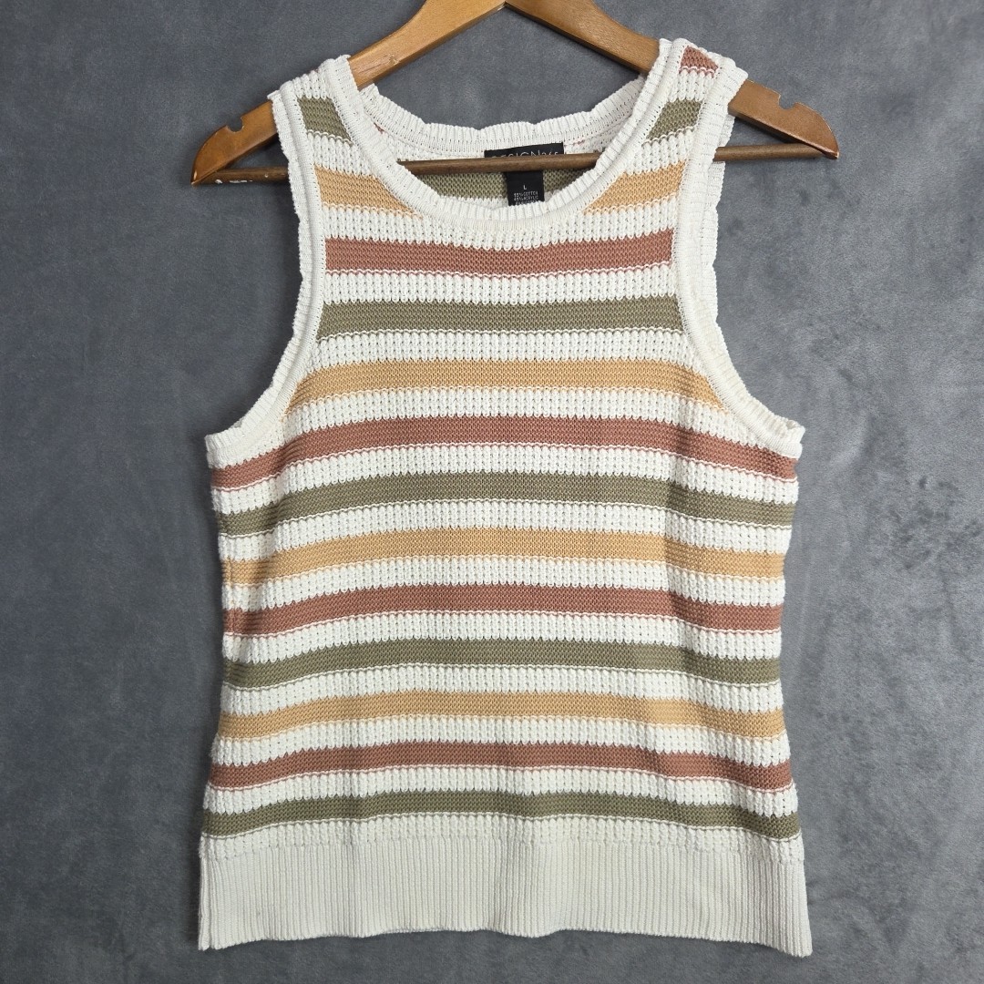 Design 365 Striped Knit Tank Top L White Brown Green Sleeveless Casual
