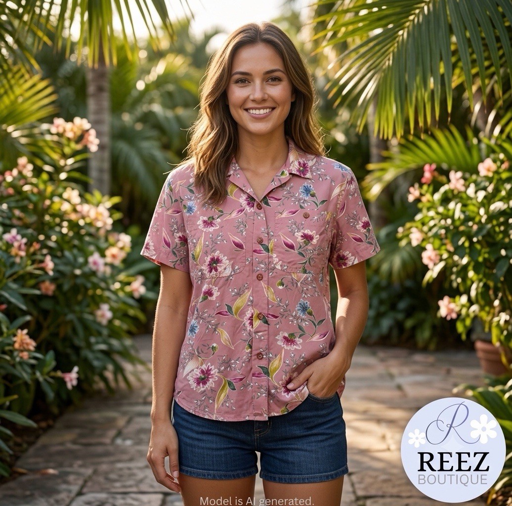 Lizwear Women’s Size M 100% Rayon Pink Floral Button Down Shirt Utility Pockets