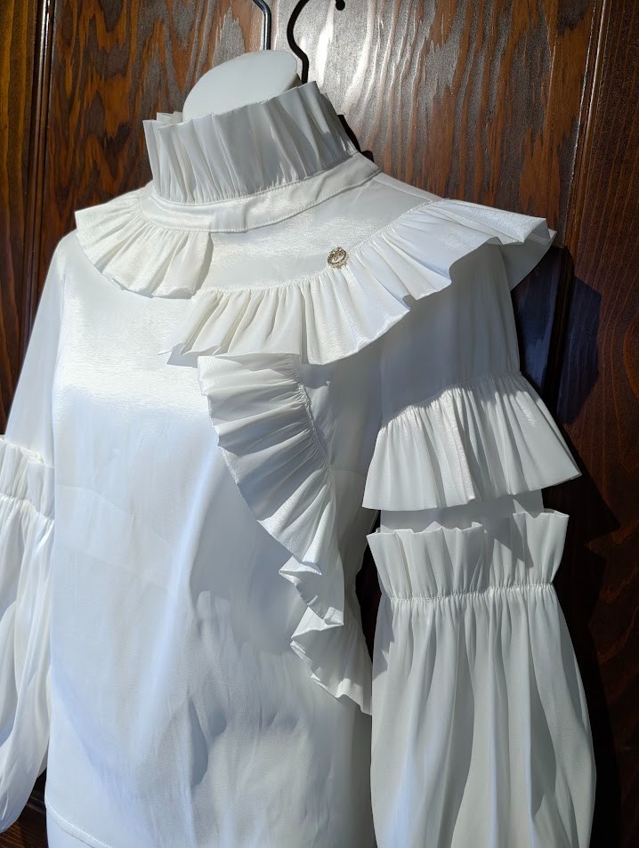 AYHAN of TURKIYE pearly shimmer structured ruffle blouse avant garde top S 3C
