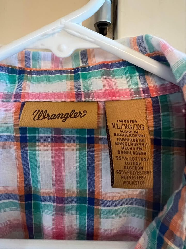 Women’s XL Wrangler Blue Green White Brown Pink Pearl Button Down Plaid Shirt