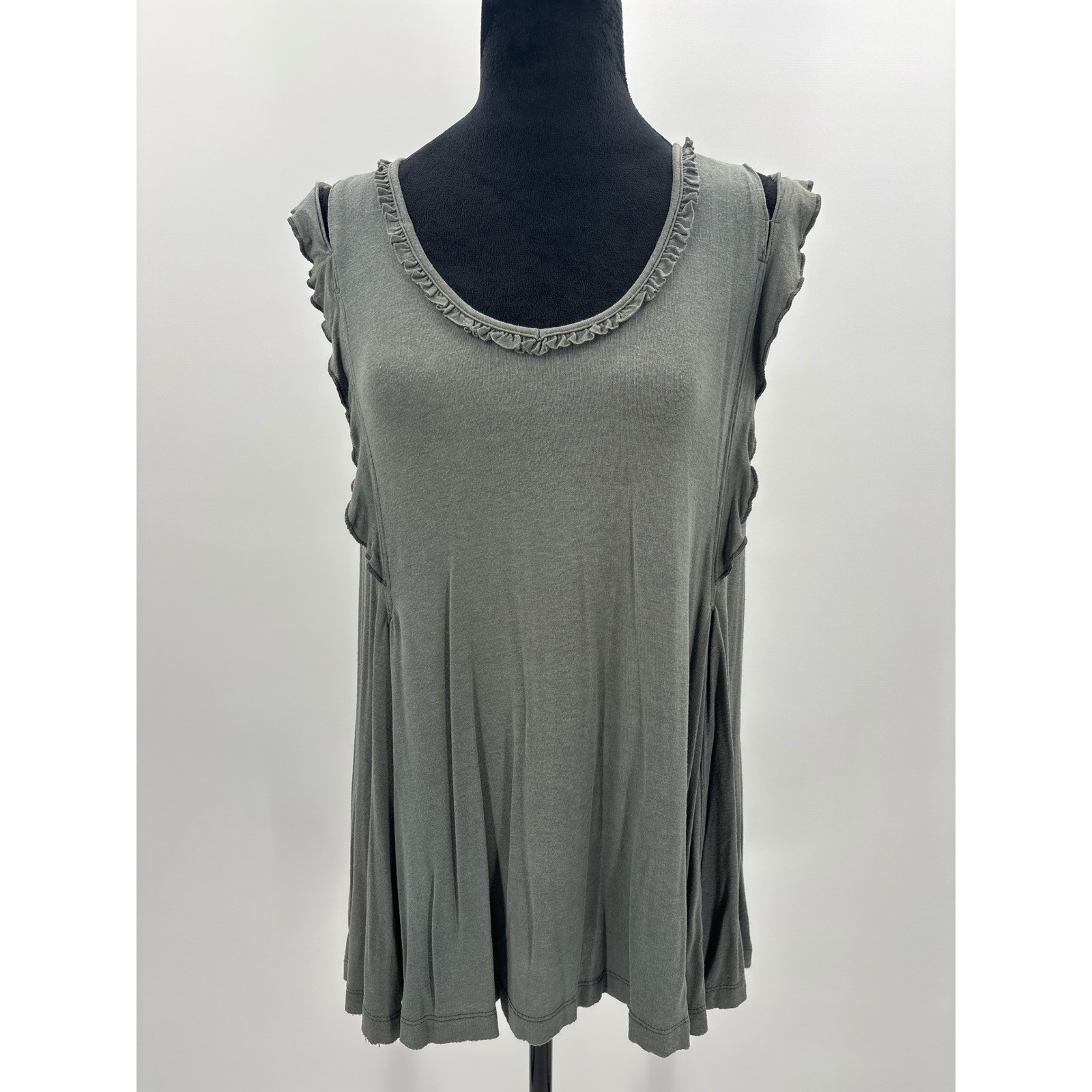 Anama Womens Olive Green Ruffle Trim Sleeveless Flowy Viscose Top Size M