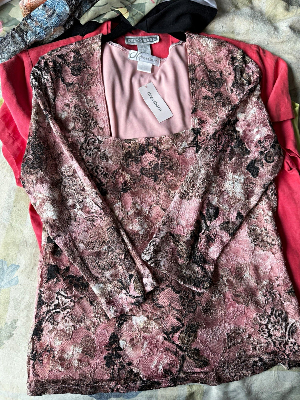 Dressbarn Women’s Pink/Black Floral Lace Square Neck Long Sleeve Top L