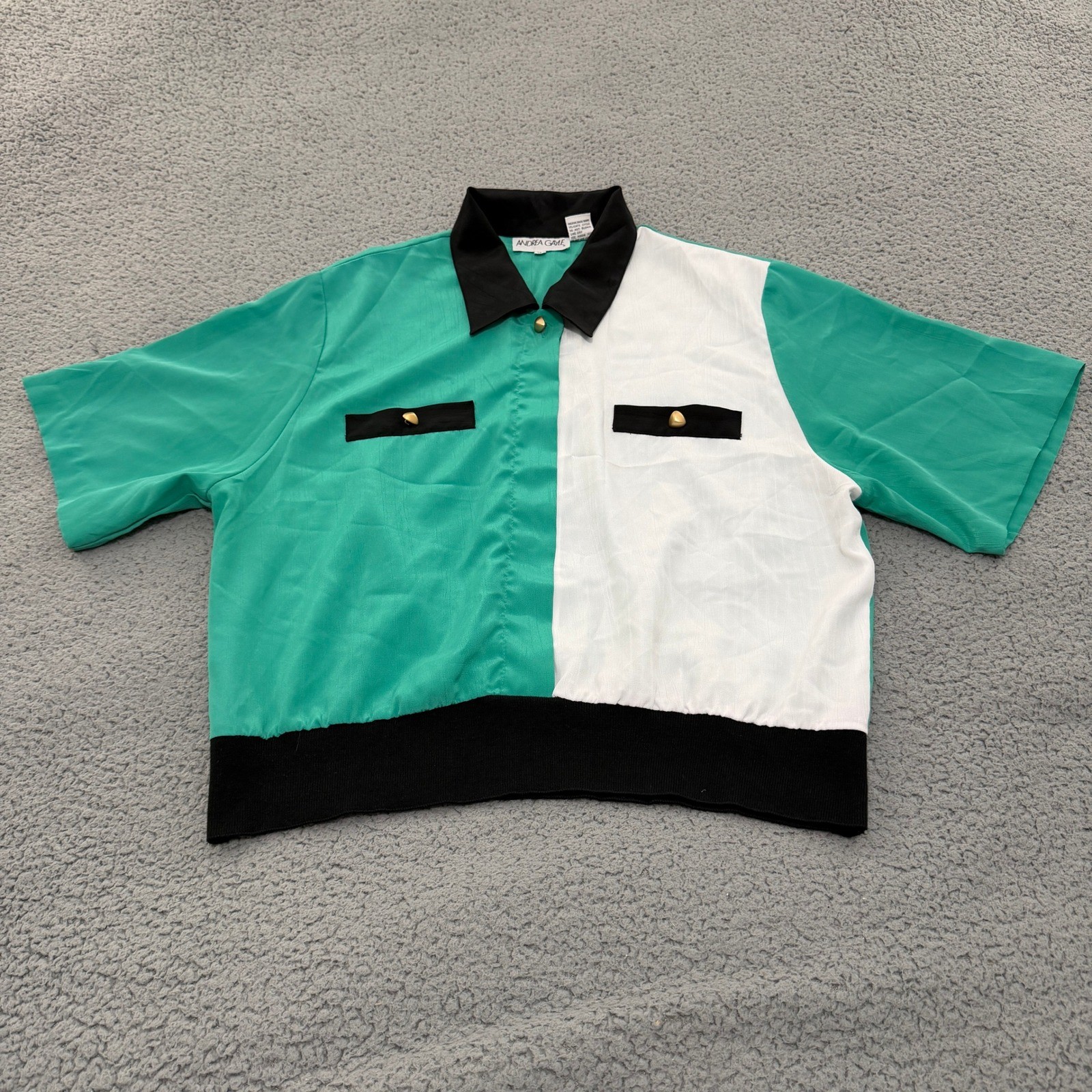 Andrea Gayle Vintage Colorblock Blouse Green White Black Gold Button 16 Womens