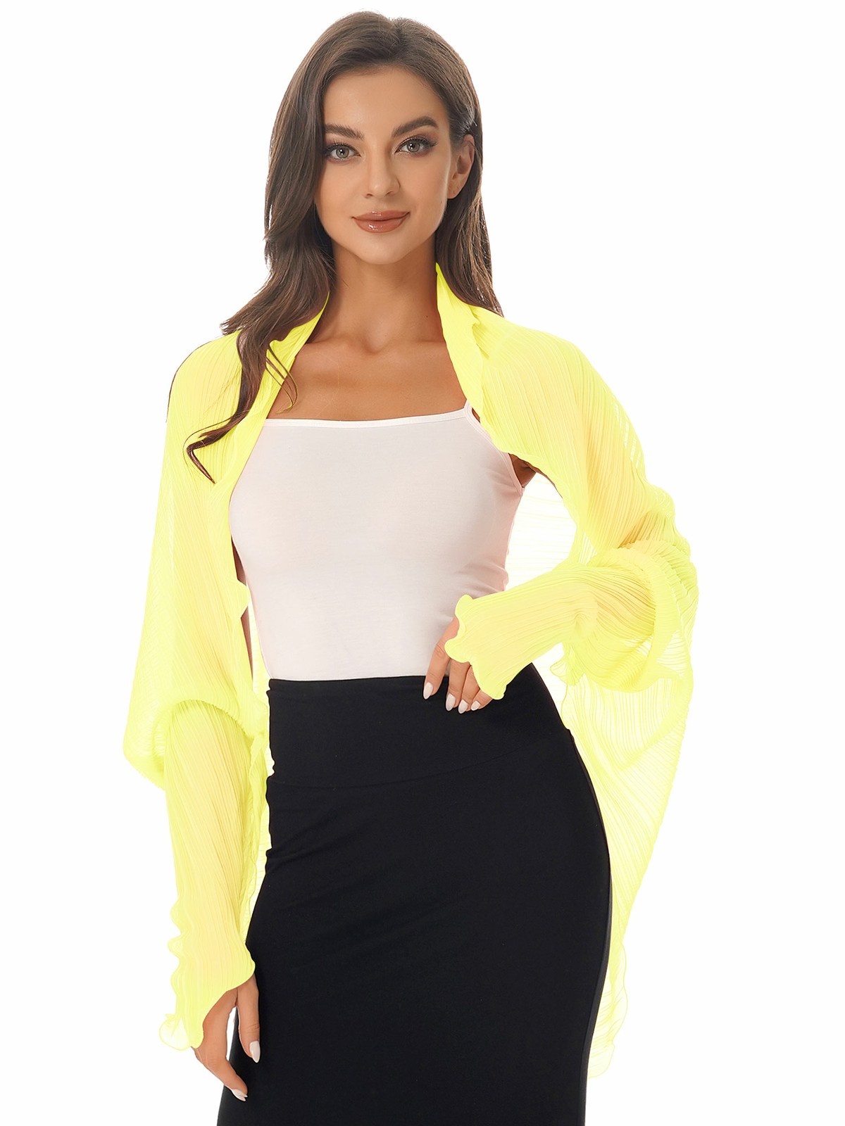 US Women Long Sleeve Sheer Open Front Chiffon Bolero Shrug Cardigan Outerwear