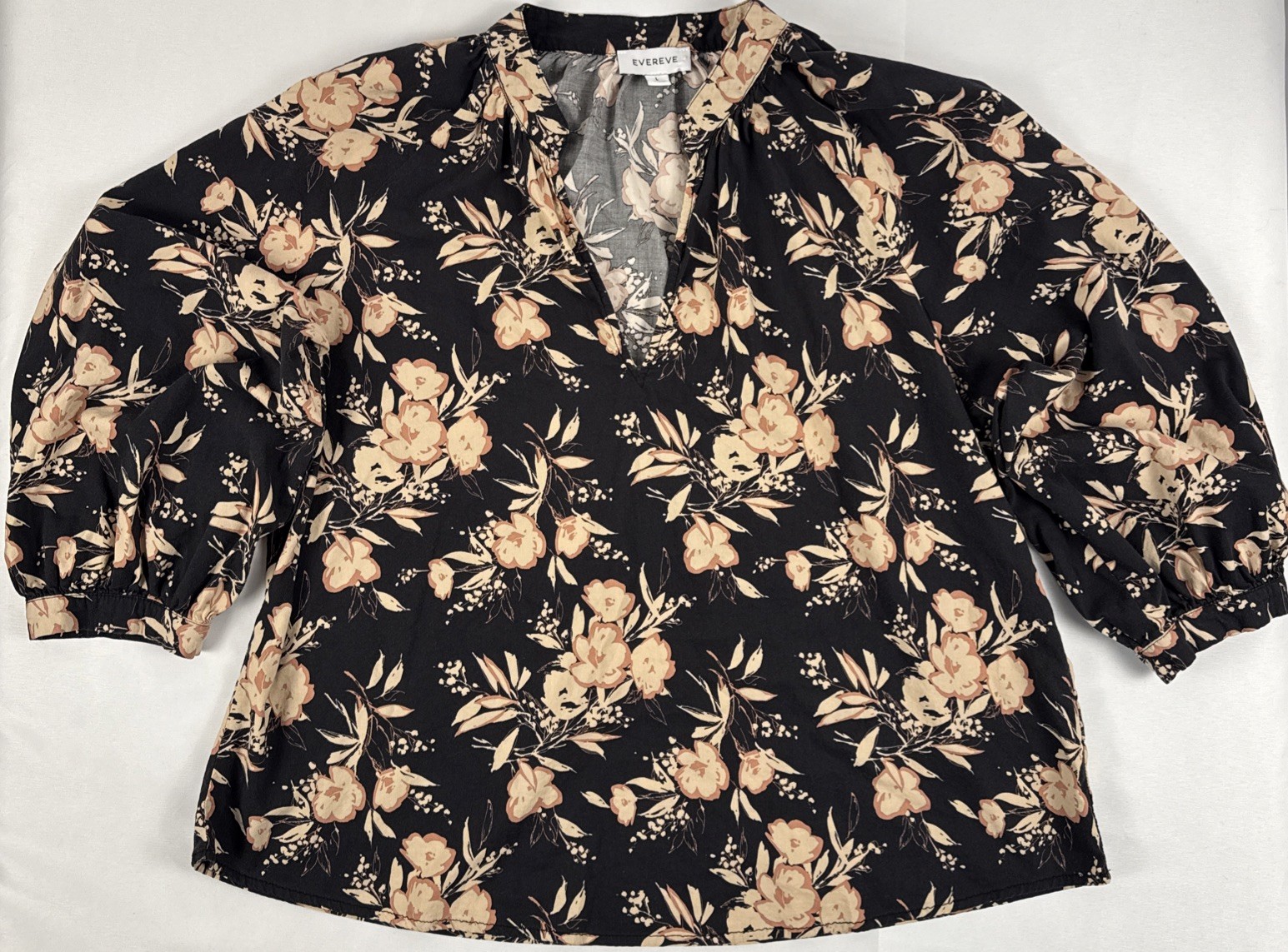 Evereve Women’s Large Black Peasant Popover Blouse Shirt Top Floral Festival