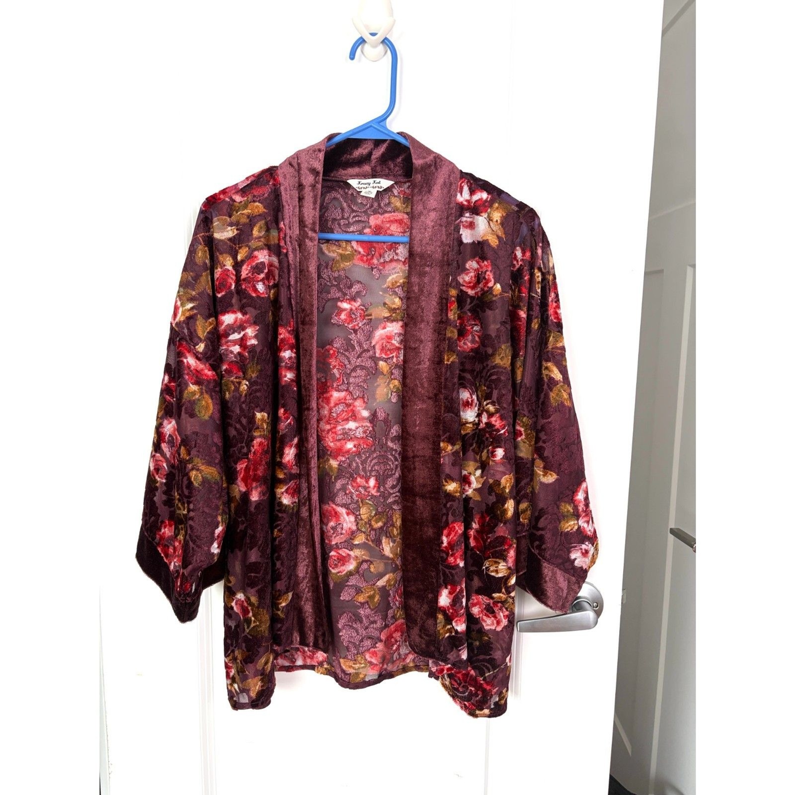 Krazy Kat L XL Whimsigoth Plum Floral Burnout Velvet Sheer Kimono Cardigan Wrap