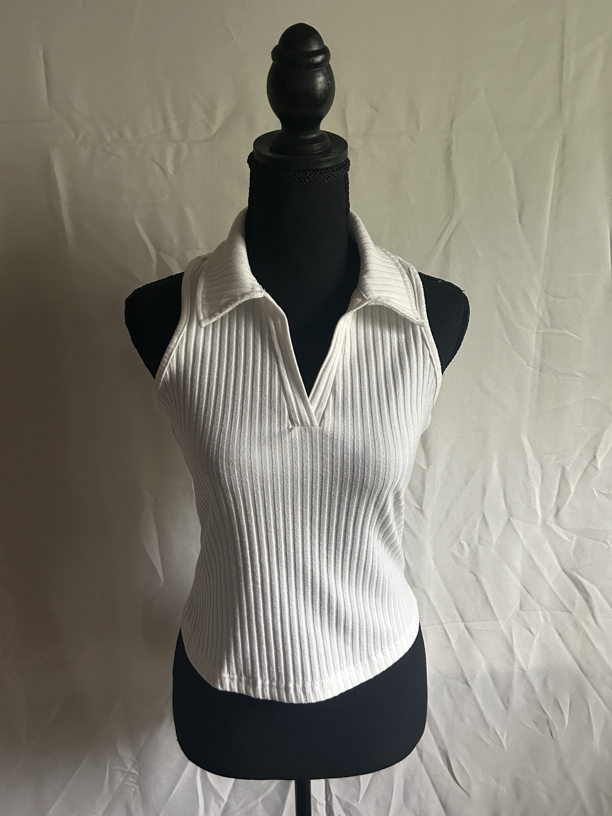 Women’s White Ribbed Sleeveless Polo Tank Top Racerback Size S