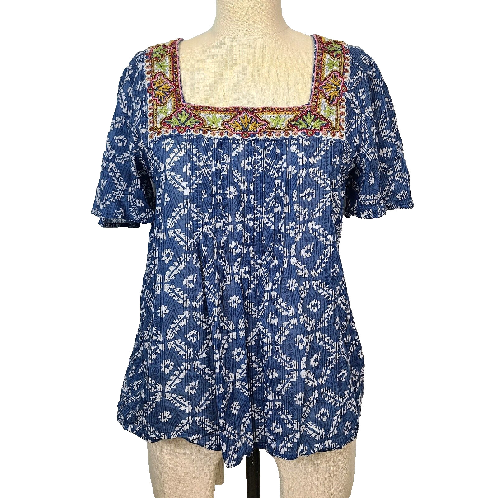 Sundance Top XS Blue White Southwestern Multi Embroidered Beaded Blouse