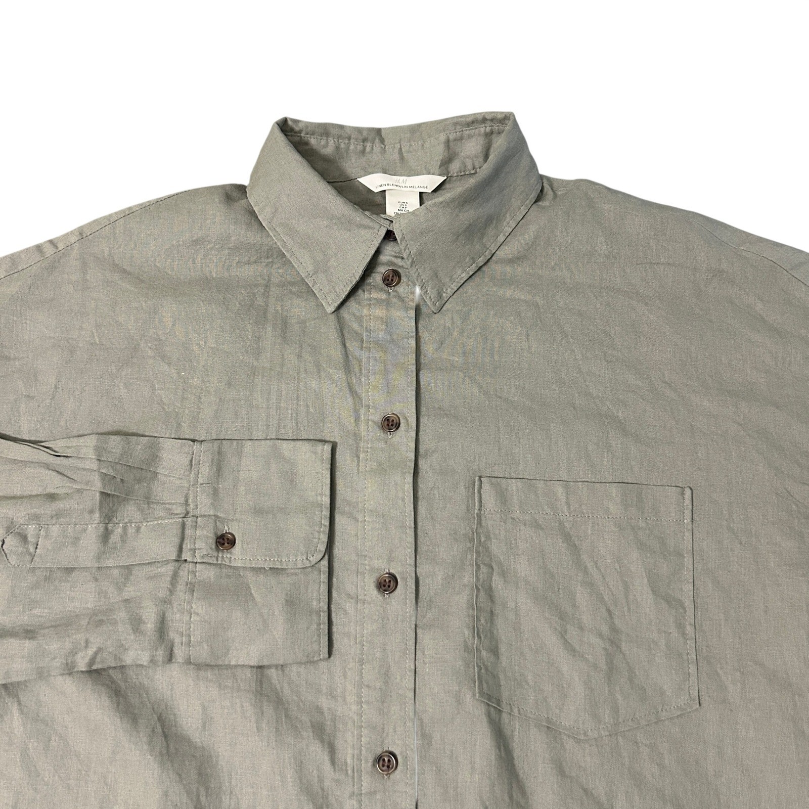 H&M Button Down Shirt Womens Small Green Linen Blend Melange Long Sleeve