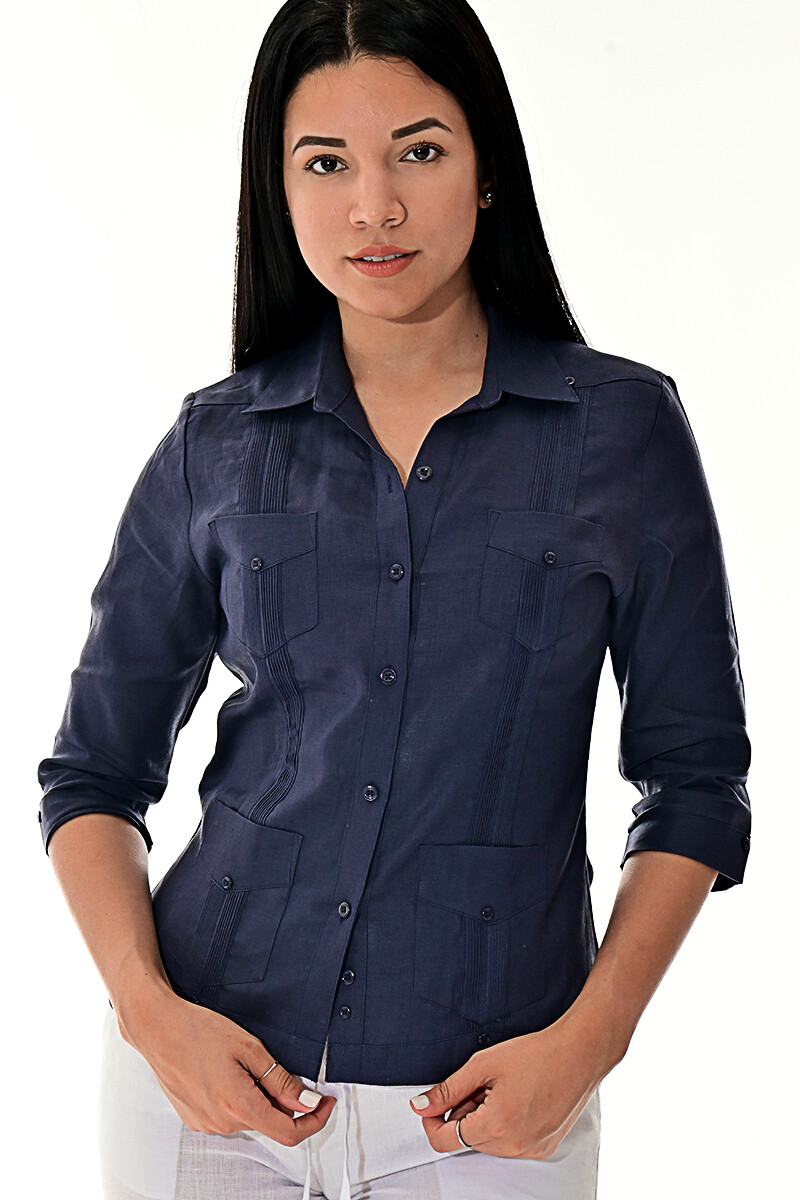 Ladies NAVY 100% Linen Guayabera Traditional (4) Pocket 3/4 Sleeve Top -LLGB3009