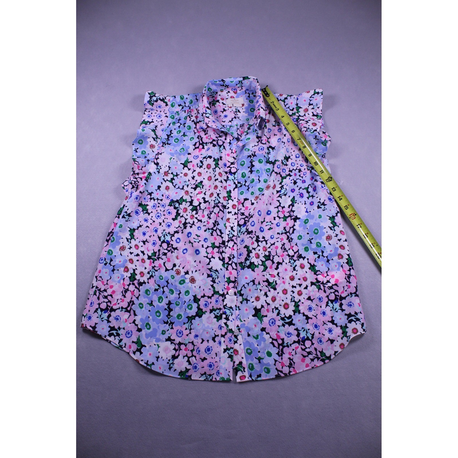 Kate Spade New York Womens Floral Ruffle Sleeve Button Down Top Pink Blue Medium