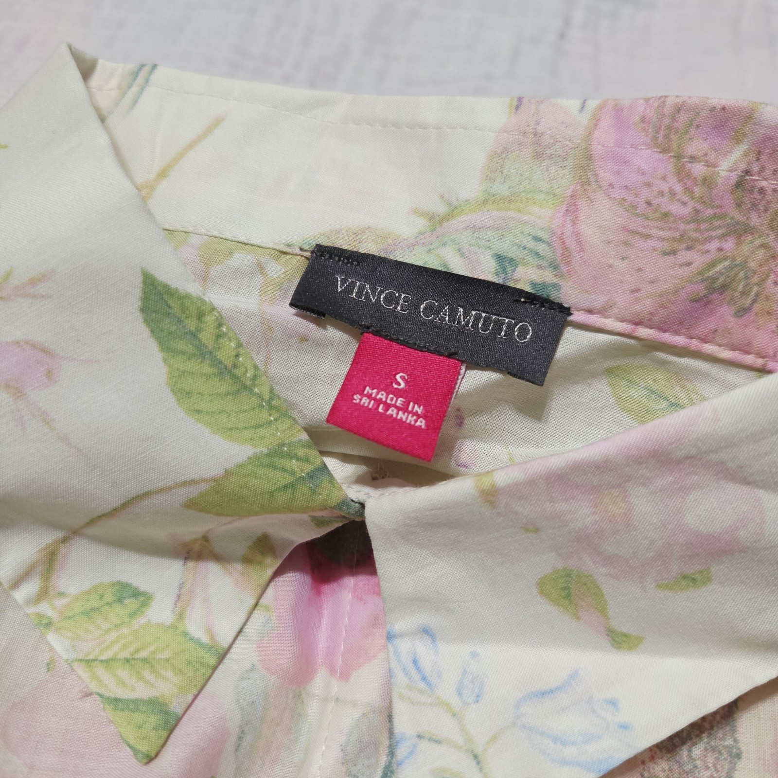 Vince Camuto Floral Tie-Front Button Down Blouse Top Blue Striped Trim Size S