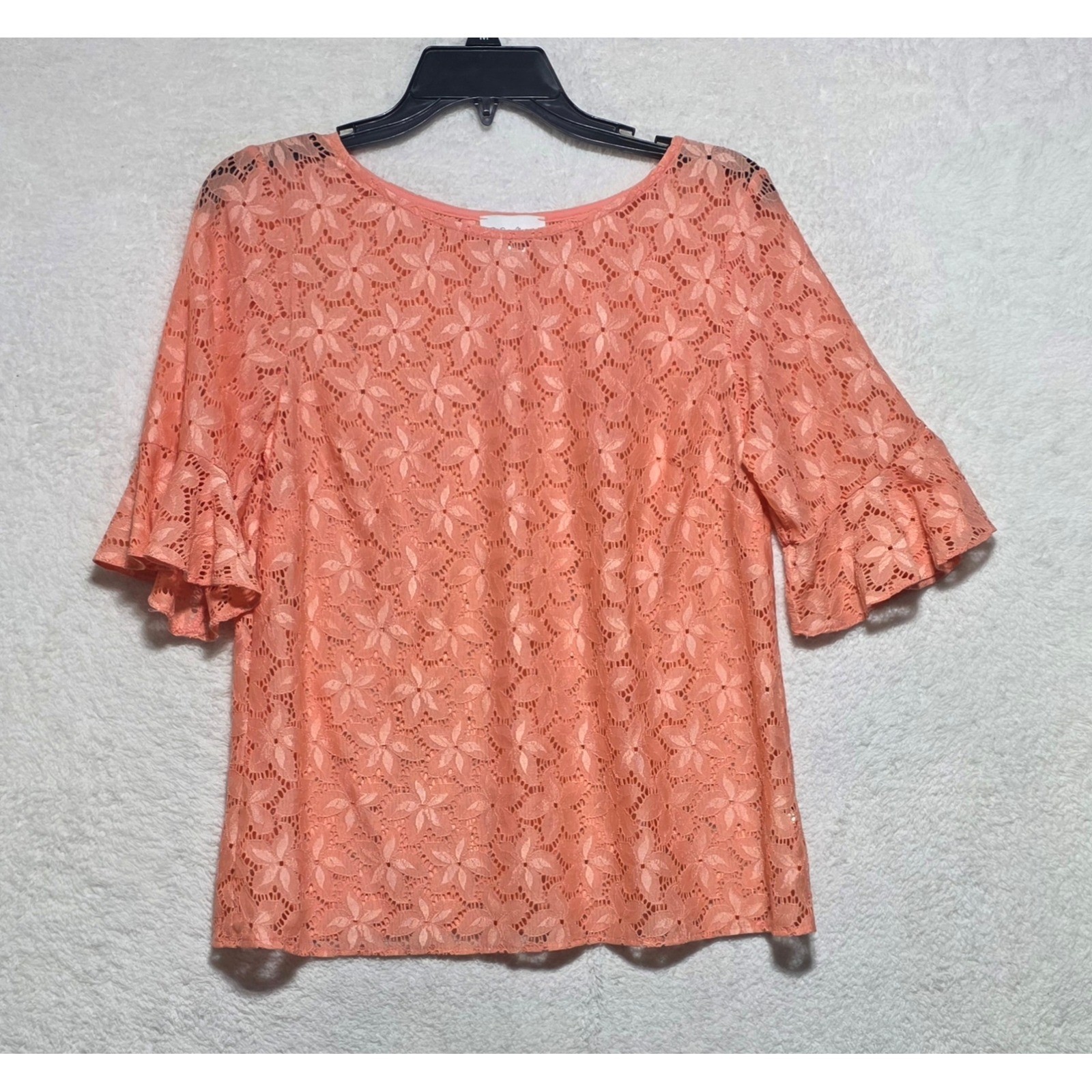 Jaclyn Smith Coral Floral Lace Blouse Ruffle Bell Sleeve Top Small S/C Peach