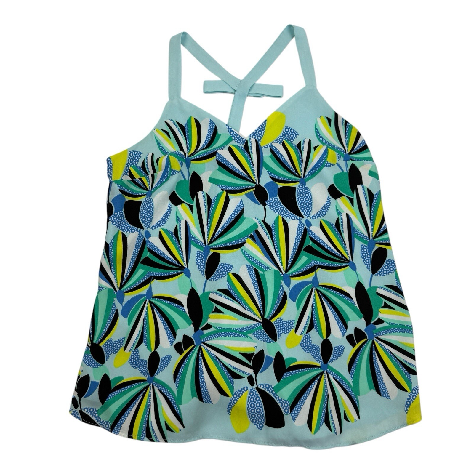 Kaari Blue Multicolor Geometric Sleeveless Blouse Wide Strap Bow Chiffon XS