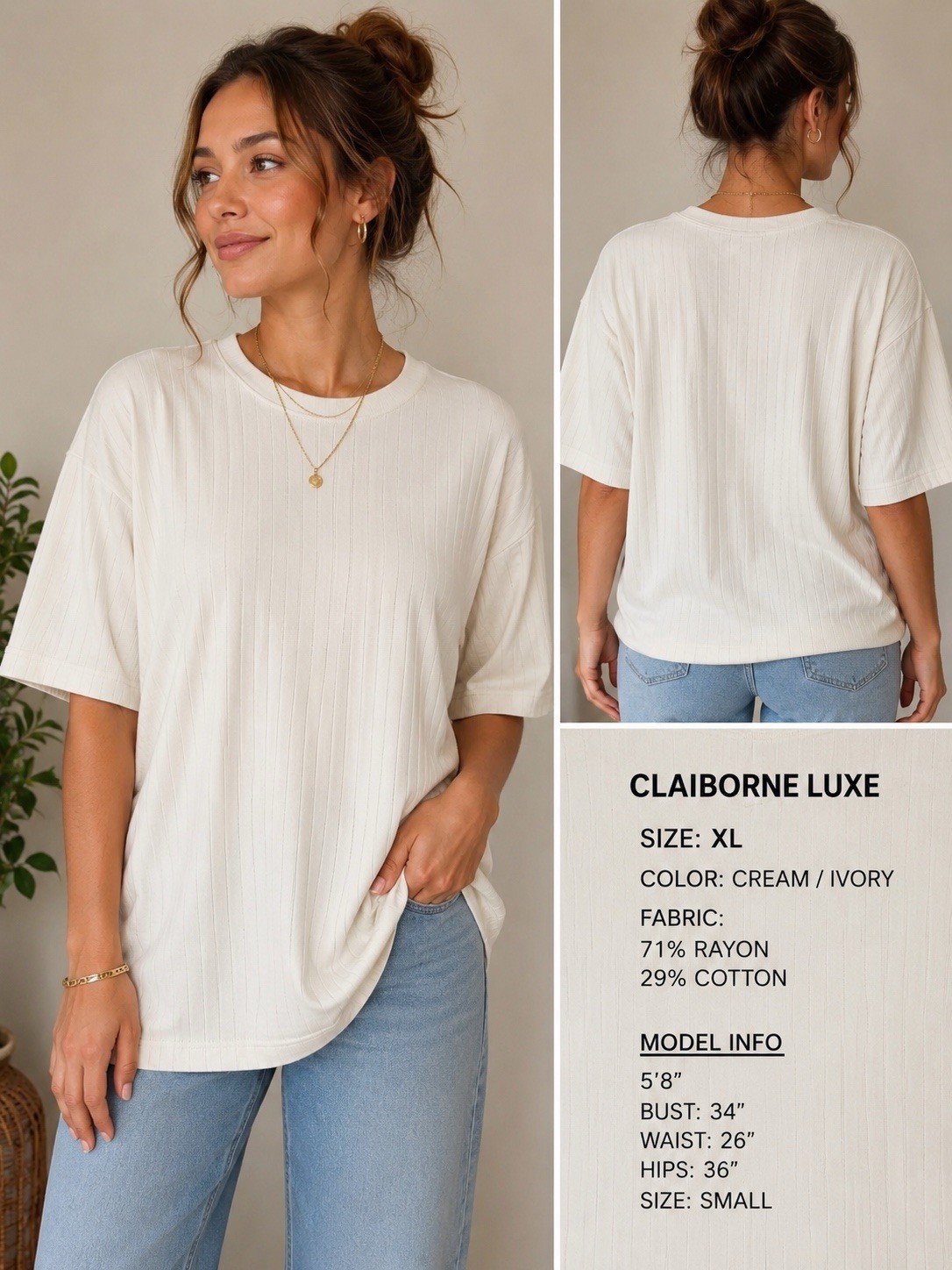 Claiborne Luxe Ribbed Knit Short Sleeve T-Shirt Cream Ivory Men’s XL (or Unisex)