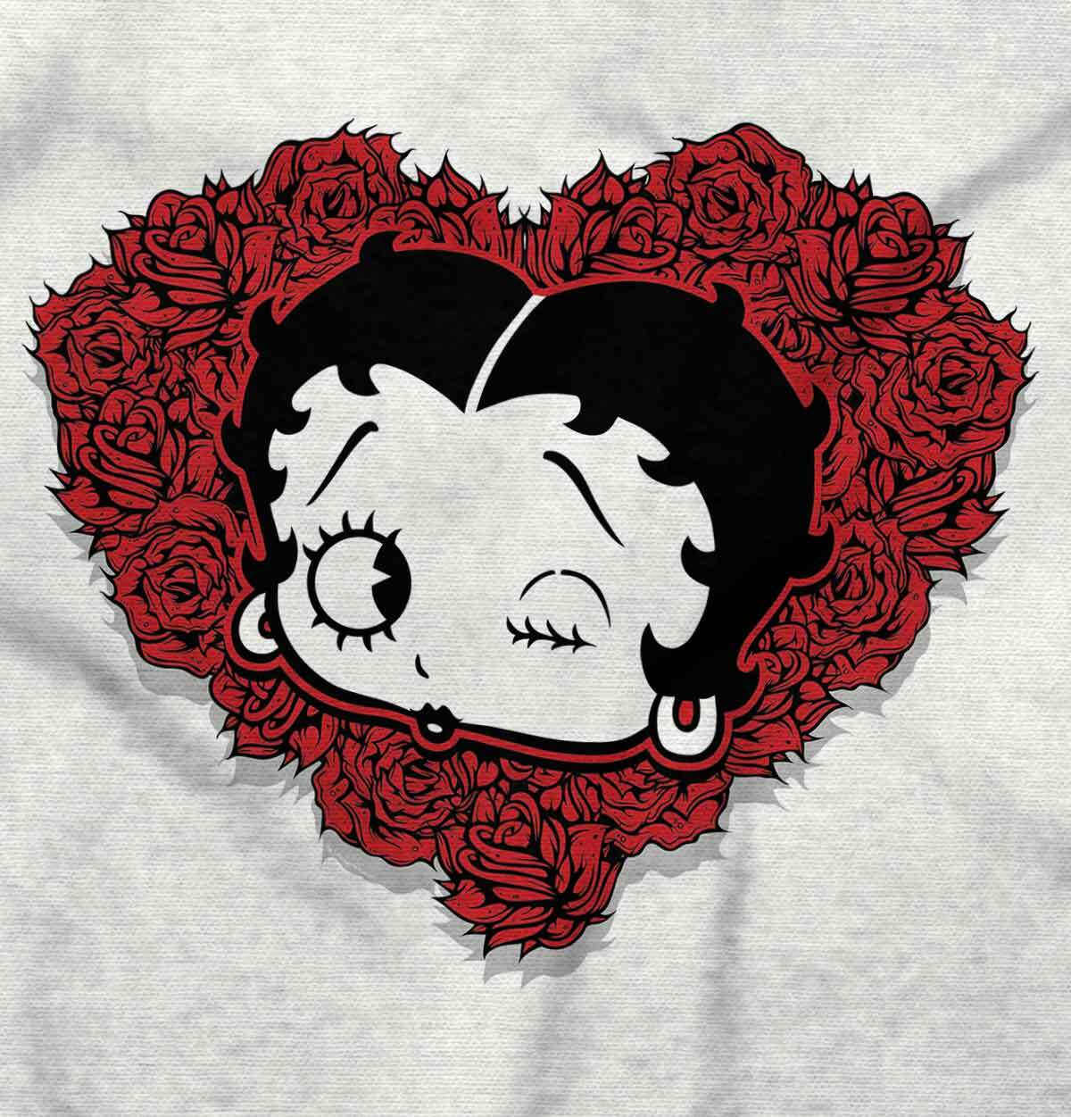 Betty Boop Cartoon Roses Heart Floral Love Womens Graphic Crewneck T Shirt Tee