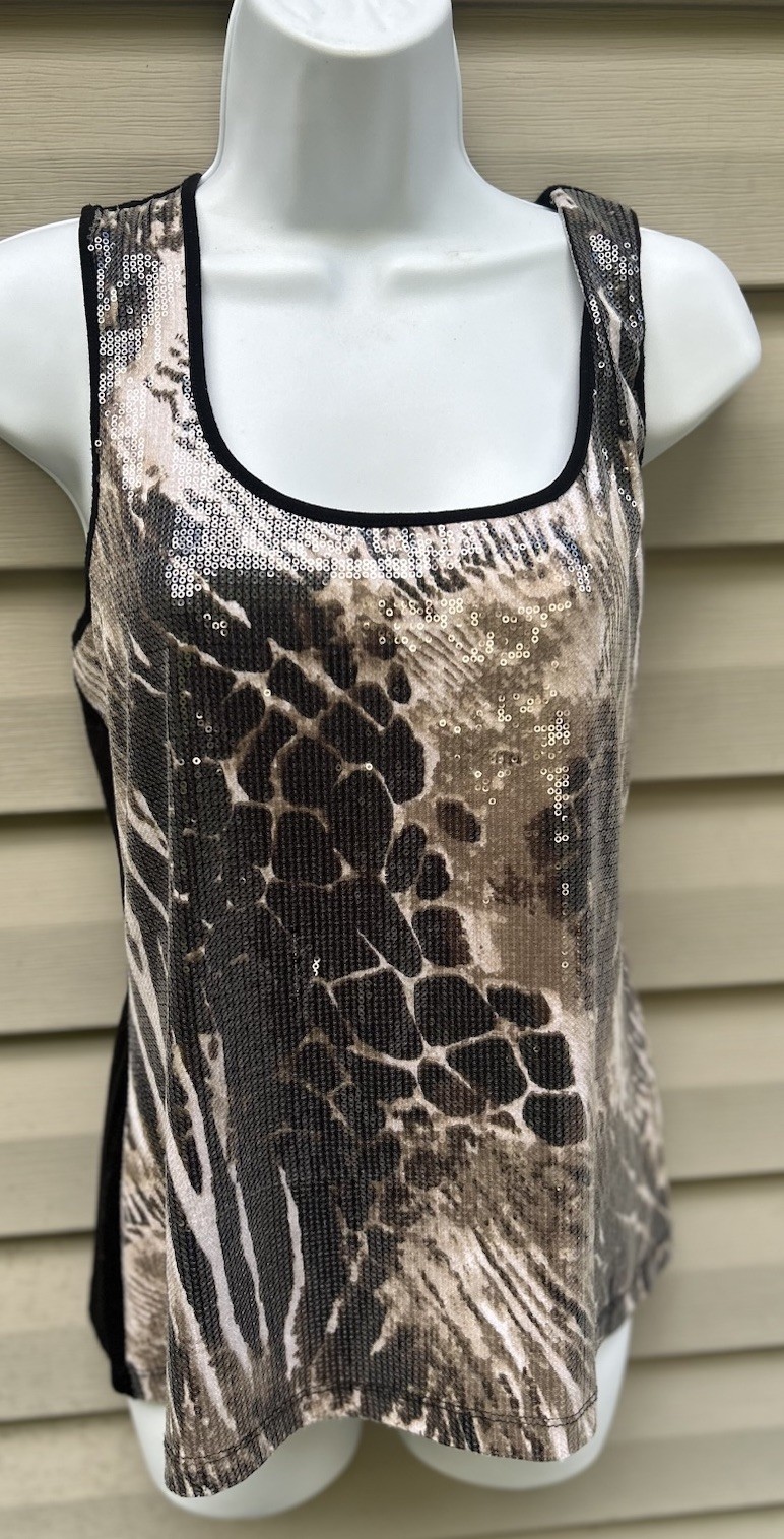 Vtg CACHE Sequin Embellished Animal Leopard Print Tank Top M Y2K Stretch Mobwife