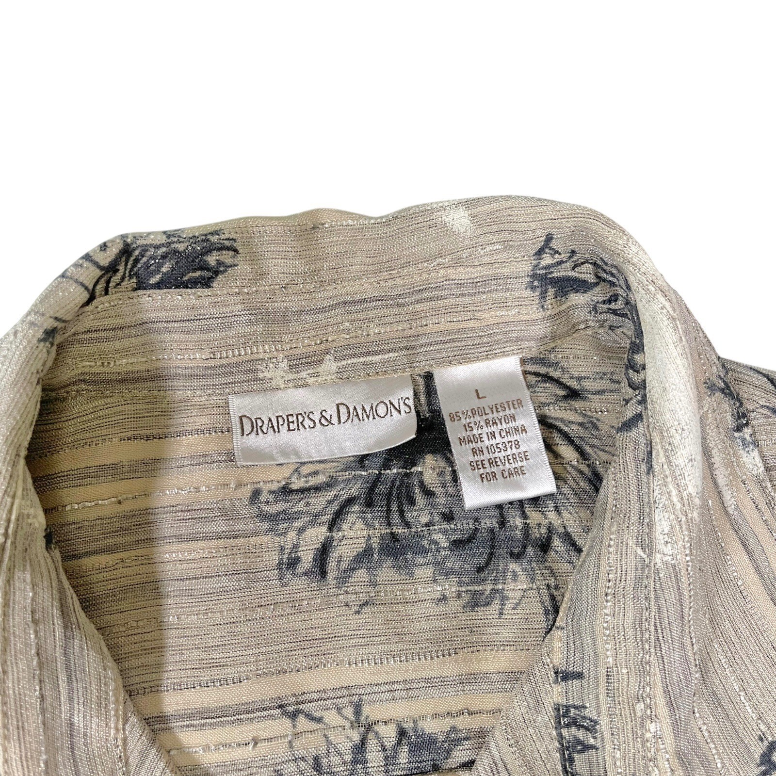Drapers & Damons L Beige Button Up Floral Metallic Pinstripe Coastal Grandma